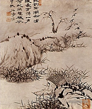 Shitao le solitaire a la pêche 1707 vieille encre de Chine Peinture à l'huile